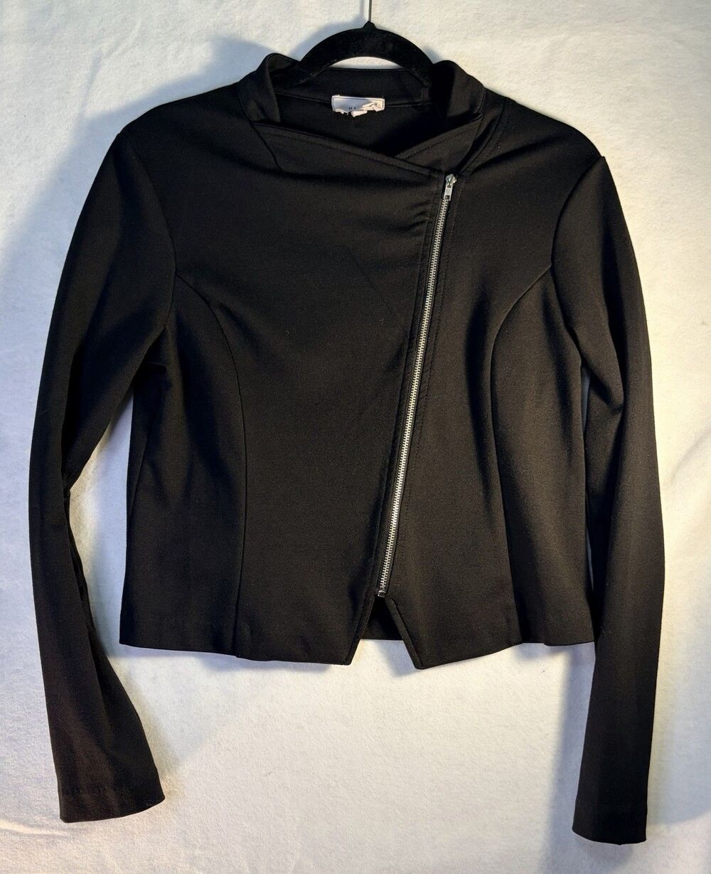 Have brand Black Embroidered Sacred Heart & Rose Asymmetric Moto Zip-Up Jacket M